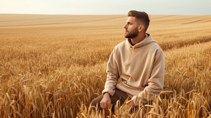 Naklejka na ściany i meble A field of golden wheat, a ruggedly handsome guy wears a warm tan hoodie, the earthy tones creating a harmonious blend with the natural landscape, mockup