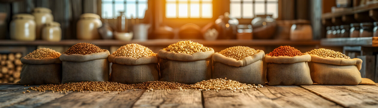 Sacks of assorted grains lined up on a wooden surface in a rustic pantry with warm sunlight.
