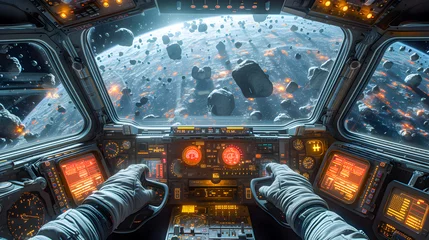 Foto op Canvas Inside a spacecraft cockpit with hands on controls, navigating through a dense asteroid field in space.  © Meta