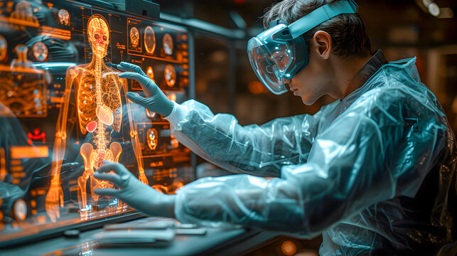 A medical professional in futuristic gear examines a glowing hologram of human organs, showcasing advanced healthcare technology.
