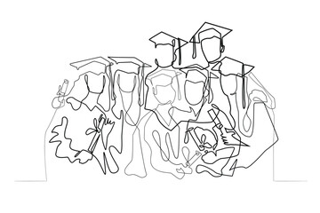 vector continuous line art of young people graduating. vector line portrait of young people with gowns, hats and graduation certificate paper.