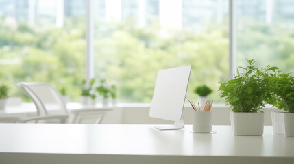 Modern bright green office with work desk and computer screen