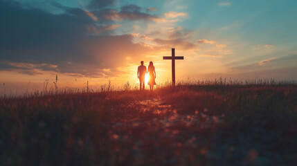 Couple praying together in field in front of cross at sunset - obrazy, fototapety, plakaty