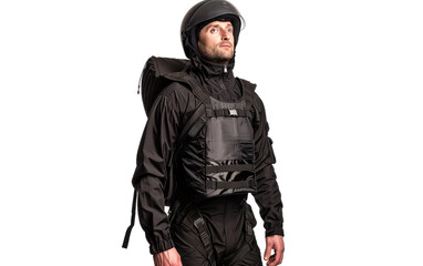 A man wear aqua shield parachute jacket black Isolated on transparent background.