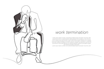 continuous line of employees affected by layoff.line art of a stressed employee being laid off from work.job crisis,business loss.isolated white background