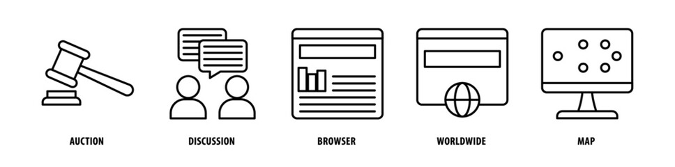 Set of Map, Worldwide, Browser, Discussion, Auction icons, a collection of clean line icon illustrations with editable strokes for your projects