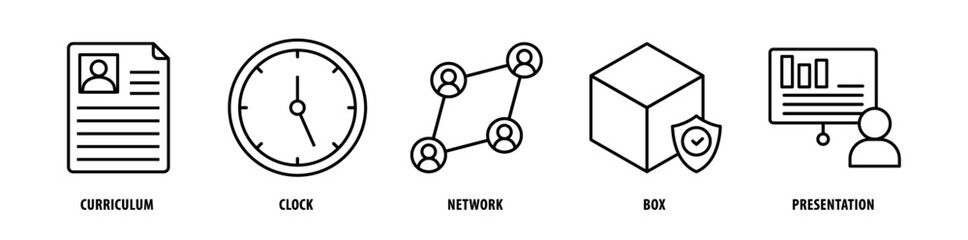 Set of Presentation, Box, Network, Clock, Curriculum icons, a collection of clean line icon illustrations with editable strokes for your projects