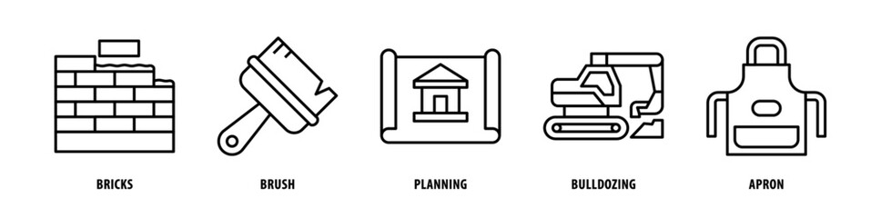 Set of Apron, Bulldozing, Planning, Brush, Bricks icons, a collection of clean line icon illustrations with editable strokes for your projects