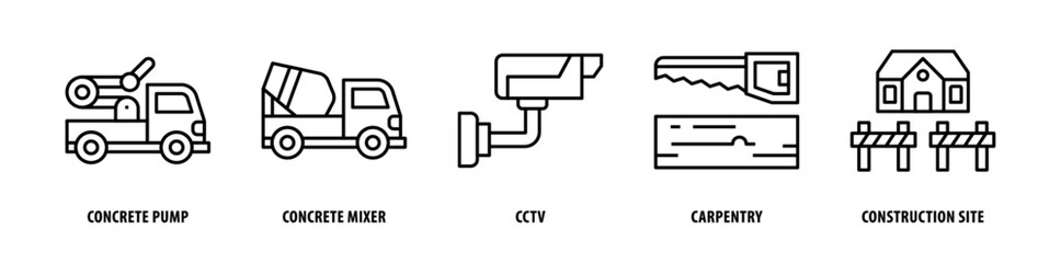 Set of Construction Site, Carpentry, Cctv, Concrete Mixer, Concrete Pump icons, a collection of clean line icon illustrations with editable strokes for your projects