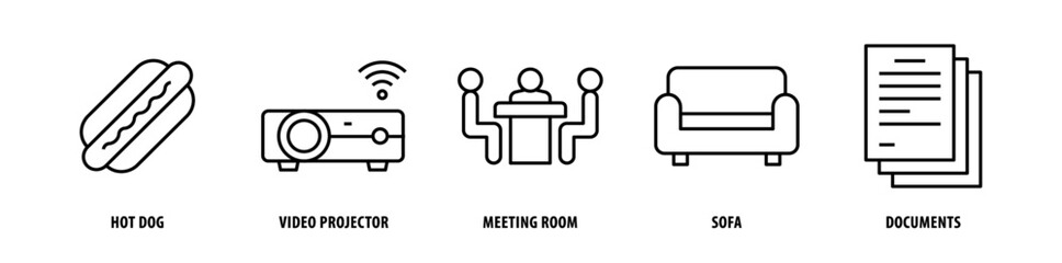 Set of Documents, Sofa, Meeting Room, Video Projector, Hot Dog icons, a collection of clean line icon illustrations with editable strokes for your projects