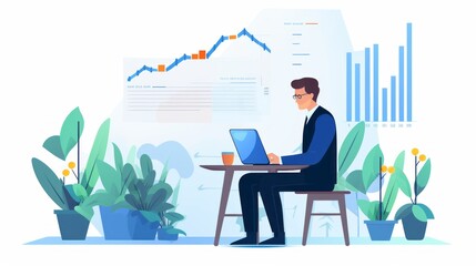 Fototapeta premium Business data analytics: man boosting sales with laptop and rising graph - revenue growth strategy