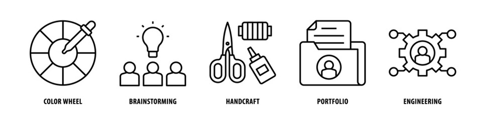 Set of Engineering, Portfolio, Handcraft, Brainstorming, Color Wheel icons, a collection of clean line icon illustrations with editable strokes for your projects