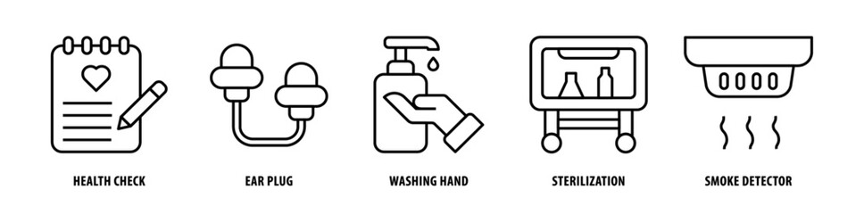 Set of Smoke Detector, Sterilization, Washing Hand, Ear Plug, Health Check icons, a collection of clean line icon illustrations with editable strokes for your projects