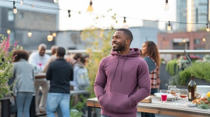 At a rooftop garden party, a charismatic man dons a plum-colored hoodie, the rich hue adding a touch of sophistication to the outdoor soirée, mockup
