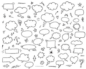 Hand drawn vector sketch elements speech bubble. Underline emphasis arrow shape set hand drawn doodle brush stroke highlight. Black and white.