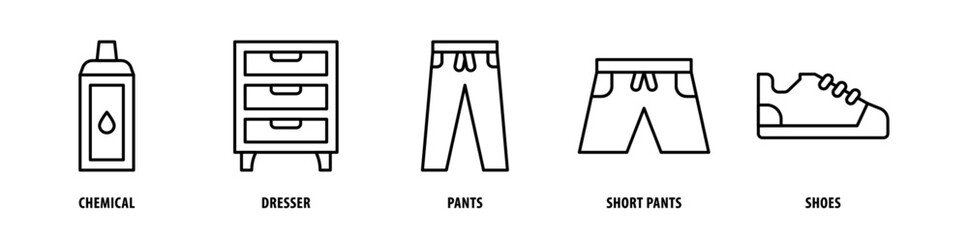 Set of Shoes, Short Pants, Pants, Dresser, Chemical icons, a collection of clean line icon illustrations with editable strokes for your projects