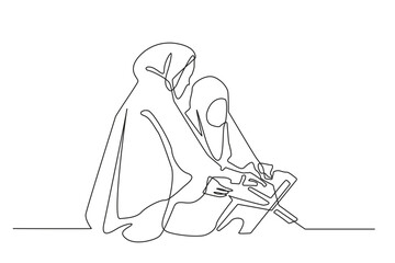 one line drawing of mother and daughter reading the Koran.single line vector of woman reciting the Koran
