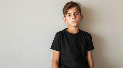 A boy in a black t-shirt, leaning against the wall with a thoughtful expression