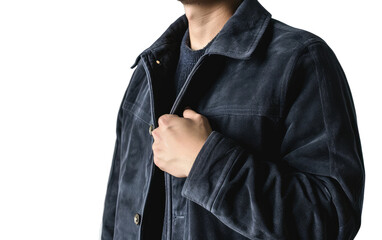 A man wear cozy suede classic jacket navy Isolated on transparent background.