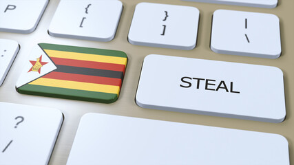 Zimbabwe National Flag and Text Steal on Button 3D Illustration - obrazy, fototapety, plakaty