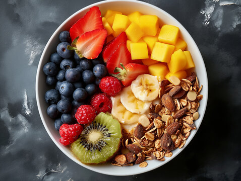  bowl of blueberries, fruits, nuts and cereals, healthy breakfast muesli, oats and berries, seen from above