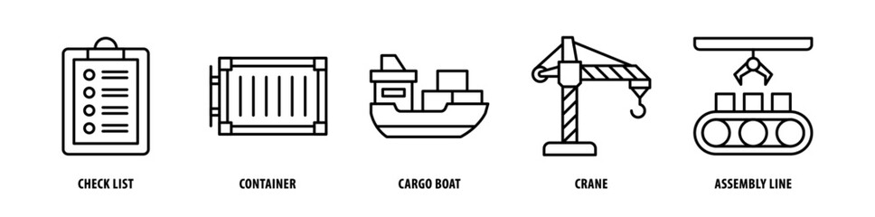 Set of Assembly Line, Crane, Cargo Boat, Container, Check List icons, a collection of clean line icon illustrations with editable strokes for your projects
