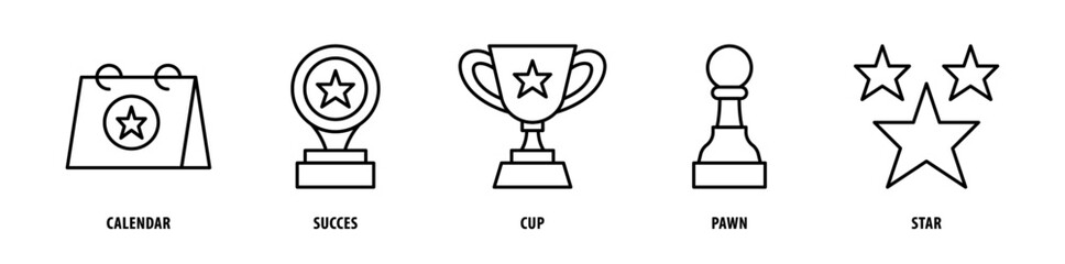 Set of Star, Pawn, Cup, Success, Calendar icons, a collection of clean line icon illustrations with editable strokes for your projects
