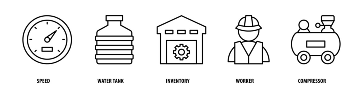 Set of Compressor, Worker, Inventory, Water Tank, Speed icons, a collection of clean line icon illustrations with editable strokes for your projects