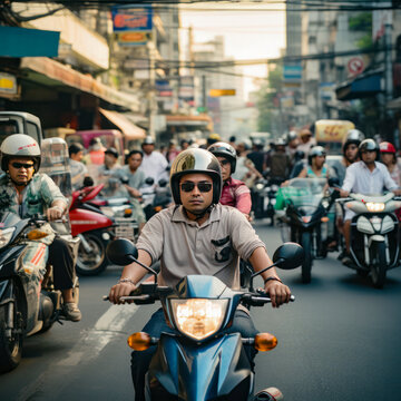 lifestyle photo bangkok street traffic motorcycle.