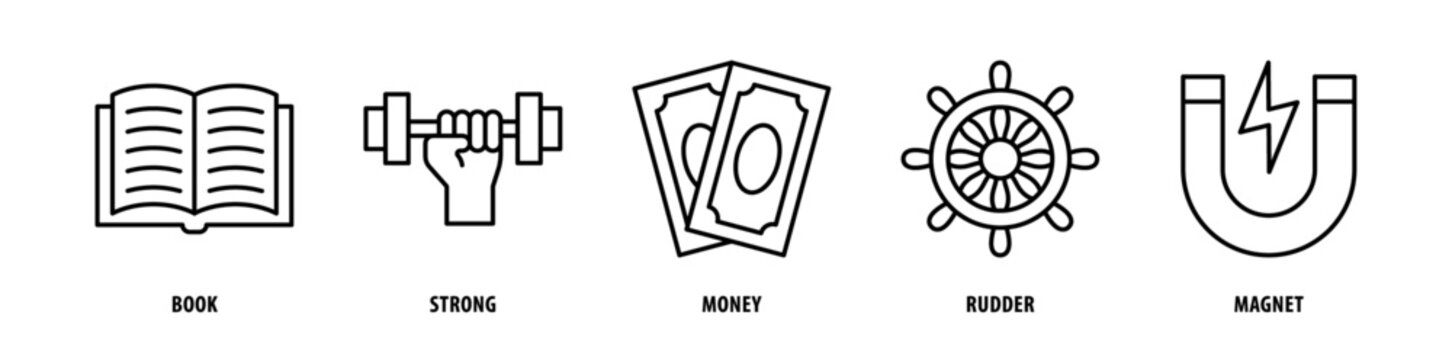 Set of Magnet, Rudder, Money, Strong, Book icons, a collection of clean line icon illustrations with editable strokes for your projects