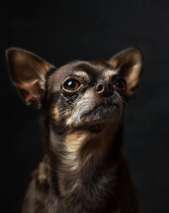 black Chihuahua portrait, cinematic moody light, artistic photo, black background, 