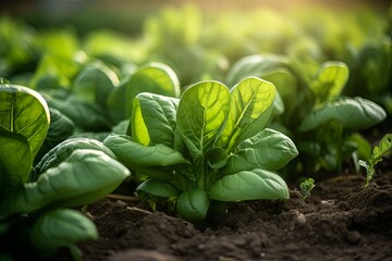 Close-up view of spinach leaves in a vegetable garden, showcase the lush and organic qualities of the produce.