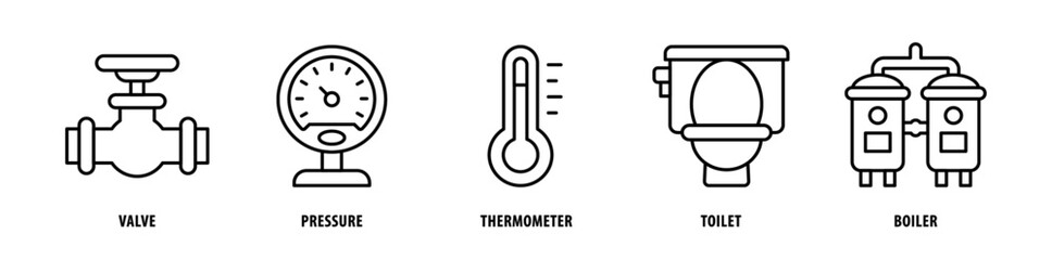 Set of Boiler, Toilet, Thermometer, Pressure, Valve icons, a collection of clean line icon illustrations with editable strokes for your projects