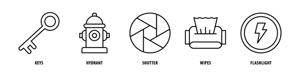 Set of Flashlight, Wipes, Shutter, Hydrant, Keys icons, a collection of clean line icon illustrations with editable strokes for your projects