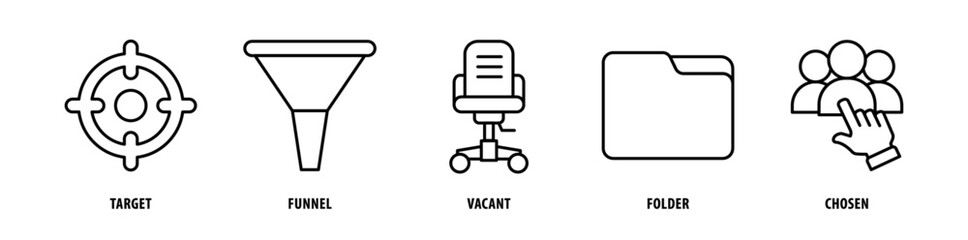 Obraz premium Set of Chosen, Folder, Vacant, Funnel, Target icons, a collection of clean line icon illustrations with editable strokes for your projects