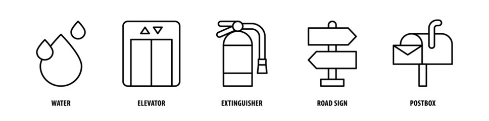 Set of Postbox, Road Sign, Extinguisher, Elevator, Water icons, a collection of clean line icon illustrations with editable strokes for your projects