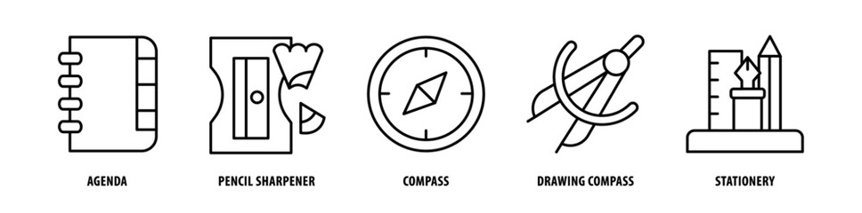 Set of Stationery, Drawing Compass, Compass, Pencil Sharpener, Agenda icons, a collection of clean line icon illustrations with editable strokes for your projects