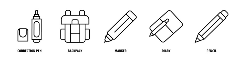 Set of Pencil, Diary, Marker, Backpack, Correction Pen icons, a collection of clean line icon illustrations with editable strokes for your projects