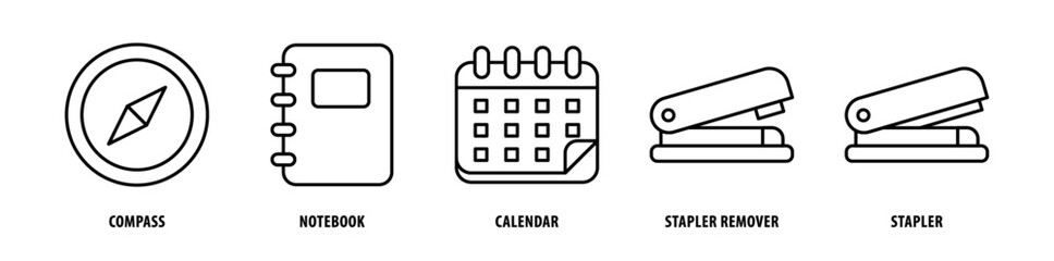 Set of Stapler, Stapler Remover, Calendar, Notebook, Compass icons, a collection of clean line icon illustrations with editable strokes for your projects