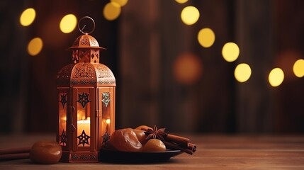 lantern placed on wooden table with bokeh background for Ramadan and eid
