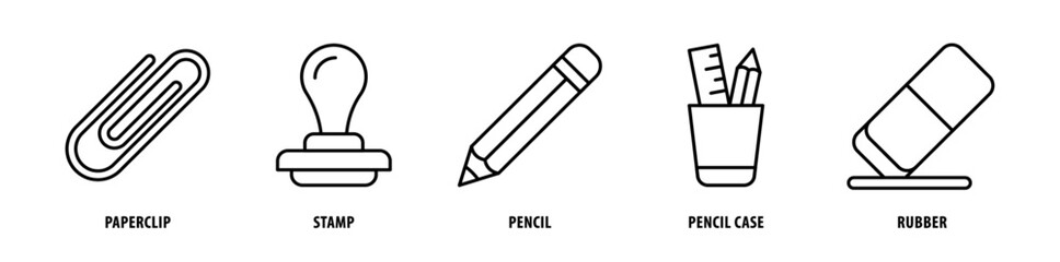 Set of Rubber, Pencil Case, Pencils, Stamp, Paper Clip icons, a collection of clean line icon illustrations with editable strokes for your projects