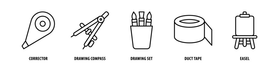 Set of Easel, Duct Tape, Drawing Set, Drawing Compass, Corrector icons, a collection of clean line icon illustrations with editable strokes for your projects