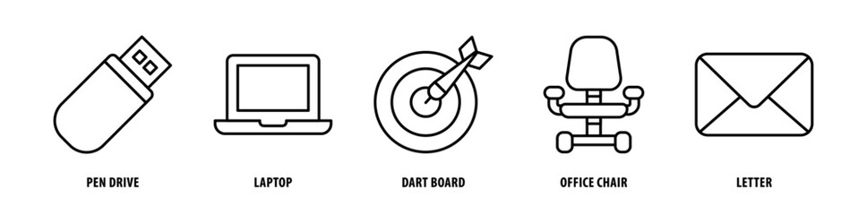 Set of Letter, Office Chair, Dart Board, Laptop, Pen Drive icons, a collection of clean line icon illustrations with editable strokes for your projects