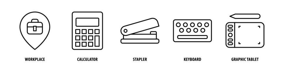Set of Graphic Tablet, Keyboard, Stapler, Calculator, Workplace icons, a collection of clean line icon illustrations with editable strokes for your projects