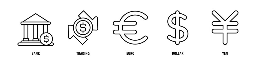 Set of Yen, Dollar, Euro, Trading, Bank icons, a collection of clean line icon illustrations with editable strokes for your projects