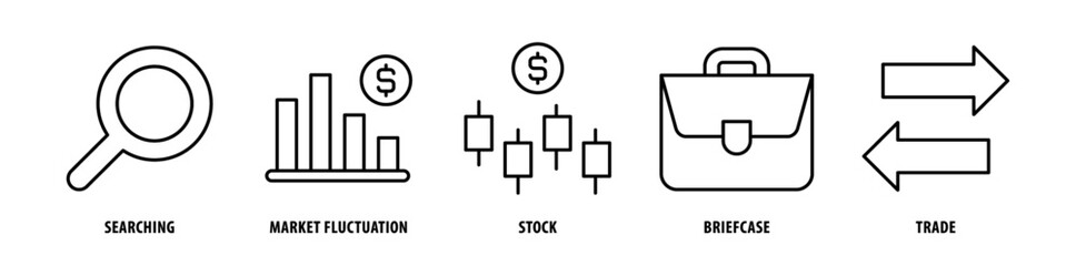 Set of Trade, Briefcase, Stock, Market Fluctuation, Searching icons, a collection of clean line icon illustrations with editable strokes for your projects