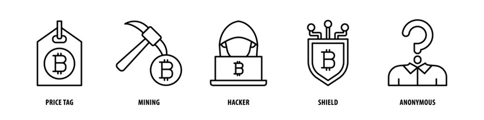 Set of Anonymous, Shield, Hacker, Mining, Price Tag icons, a collection of clean line icon illustrations with editable strokes for your projects
