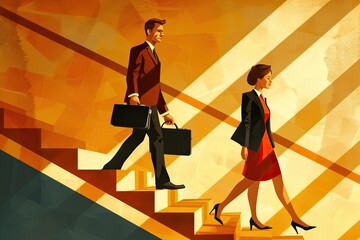 business woman and man walking down stairs with a black briefcase