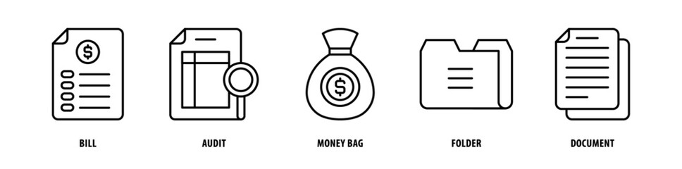 Set of Document, Folder, Money Bag, Audit, Bill icons, a collection of clean line icon illustrations with editable strokes for your projects