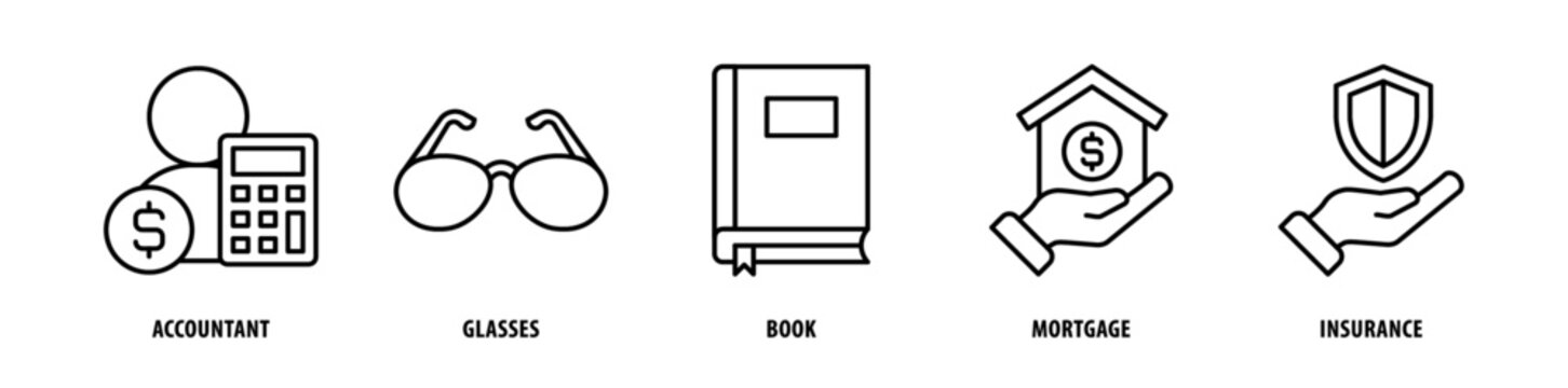 Set of Insurance, Mortgage, Book, Glasses, Accountant icons, a collection of clean line icon illustrations with editable strokes for your projects